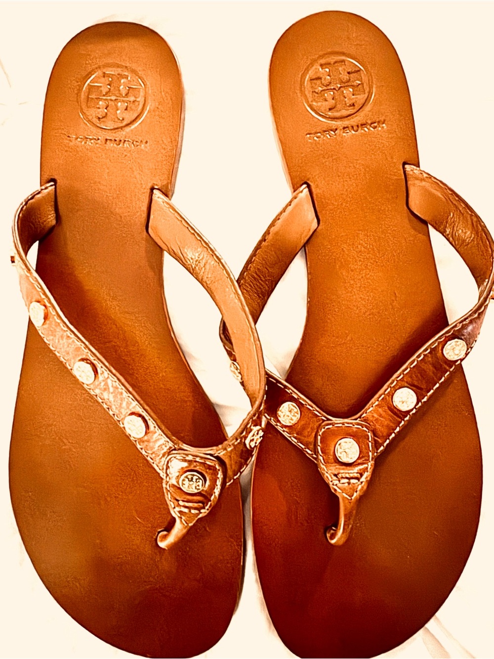 Tory Burch Leather Logo Thong Sandals with Gold Stud Accents